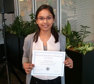 College Biotechnology in Medicine Sophmore Sreelekha Kundu earns recognition from Iowa Academy of Sciences